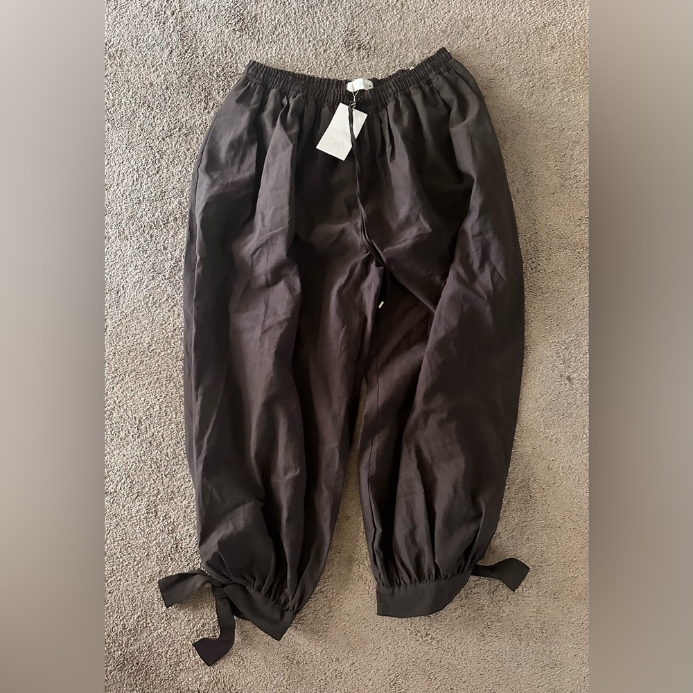 Zara Women’s Dark Brown Balloon Pants with ties at bottom